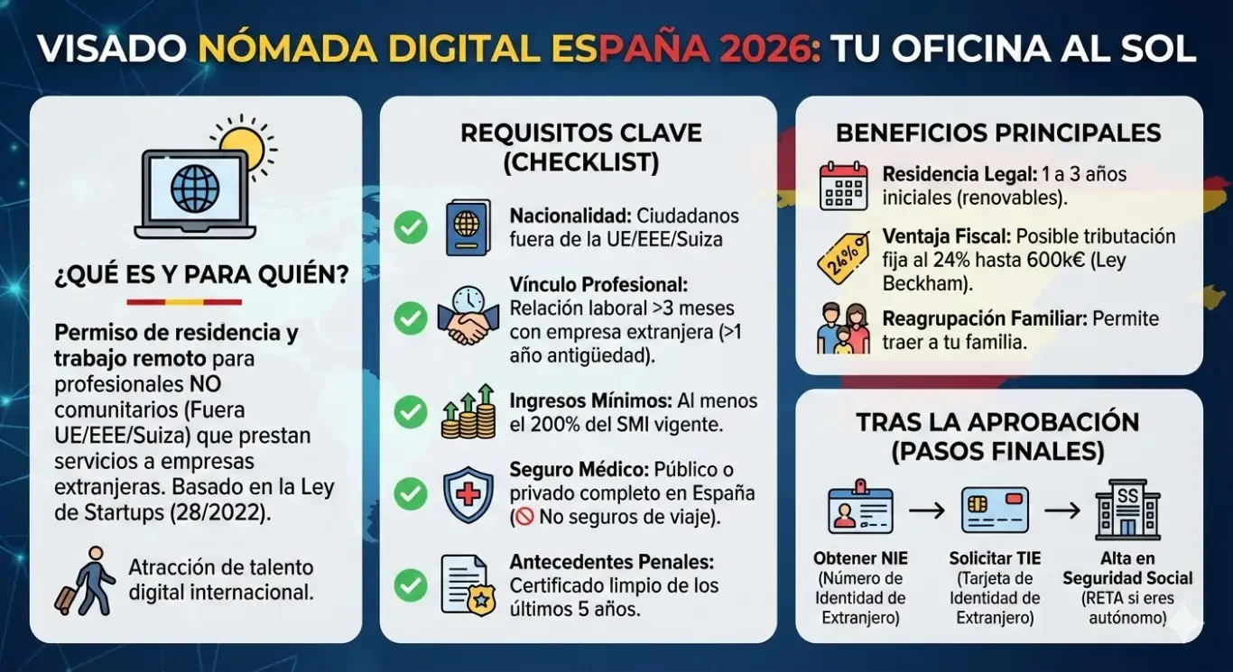 Visualización con información sobre nómadas digitales en España, requisitos y beneficios.